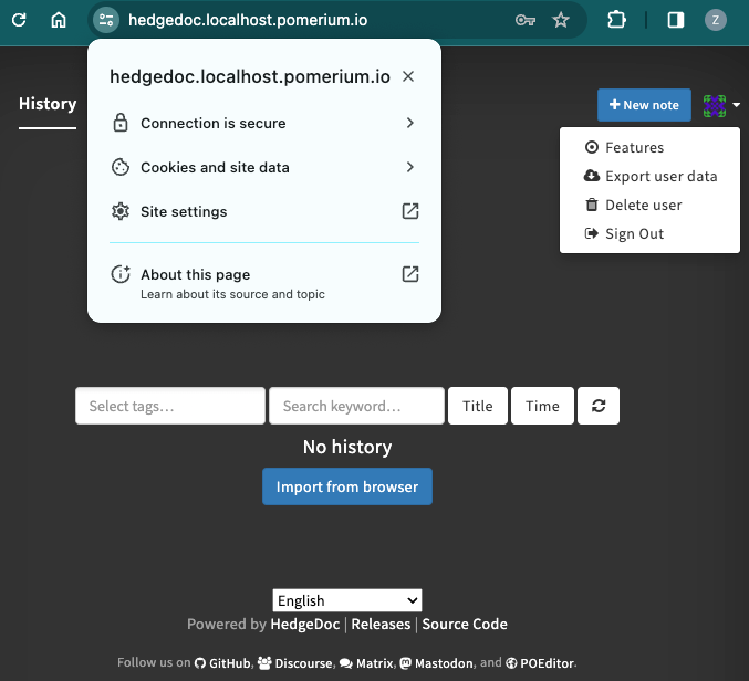 Secured HedgeDoc user dashboard page